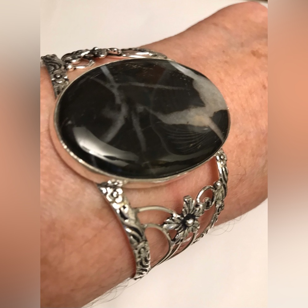Botswana Agate Stamped 925 Sterling Silver Cuff Bracelet